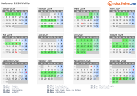 Kalender 2024 mit Ferien und Feiertagen Wallis