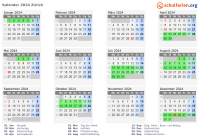 Kalender 2024 mit Ferien und Feiertagen Zürich