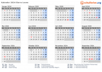 Kalender  mit Ferien und Feiertagen Sierra Leone