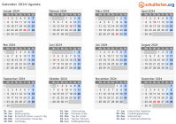 Kalender 2024 mit Ferien und Feiertagen Uganda