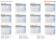 Kalender  mit Ferien und Feiertagen Ungarn