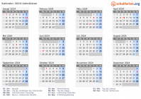 Kalender 2024 mit Ferien und Feiertagen Usbekistan