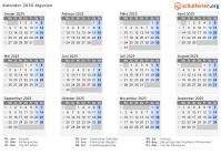Kalender 2025 mit Ferien und Feiertagen Algerien
