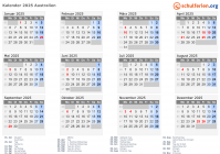 Kalender 2025 mit Ferien und Feiertagen Australien