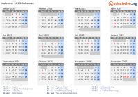 Kalender 2025 mit Ferien und Feiertagen Bahamas