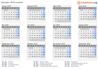 Kalender 2025 mit Ferien und Feiertagen Ecuador