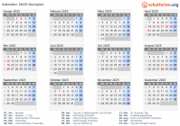 Kalender 2025 mit Ferien und Feiertagen Georgien