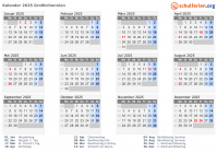 Kalender 2025 mit Ferien und Feiertagen Großbritannien