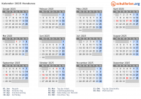 Kalender 2025 mit Ferien und Feiertagen Honduras