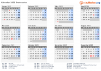 Kalender 2025 mit Ferien und Feiertagen Indonesien