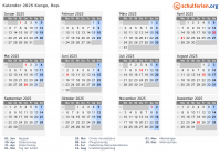 Kalender 2025 mit Ferien und Feiertagen Kongo, Rep.