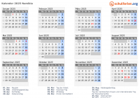 Kalender 2025 mit Ferien und Feiertagen Namibia