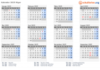 Kalender 2025 mit Ferien und Feiertagen Niger