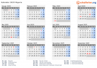 Kalender 2025 mit Ferien und Feiertagen Nigeria