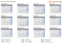 Kalender 2025 mit Ferien und Feiertagen Norwegen