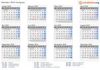 Kalender 2025 mit Ferien und Feiertagen Paraguay