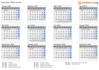 Kalender 2025 mit Ferien und Feiertagen Syrien
