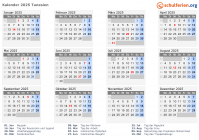 Kalender 2025 mit Ferien und Feiertagen Tunesien