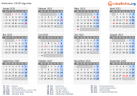 Kalender 2025 mit Ferien und Feiertagen Uganda