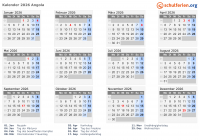 Kalender 2026 mit Ferien und Feiertagen Angola