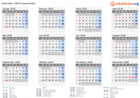 Kalender 2026 mit Ferien und Feiertagen Australien