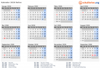 Kalender 2026 mit Ferien und Feiertagen Belize