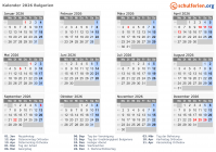 Kalender 2026 mit Ferien und Feiertagen Bulgarien