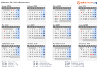 Kalender 2026 mit Ferien und Feiertagen Großbritannien