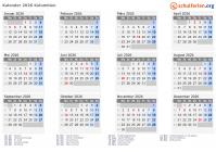 Kalender 2026 mit Ferien und Feiertagen Kolumbien