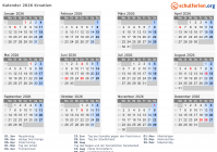 Kalender 2026 mit Ferien und Feiertagen Kroatien