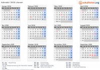 Kalender 2026 mit Ferien und Feiertagen Litauen