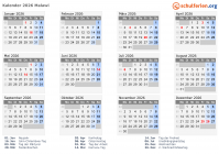 Kalender 2026 mit Ferien und Feiertagen Malawi