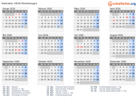 Kalender 2026 mit Ferien und Feiertagen Montenegro