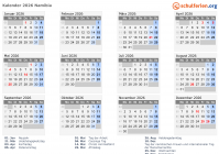 Kalender 2026 mit Ferien und Feiertagen Namibia