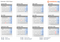 Kalender 2026 mit Ferien und Feiertagen Niger