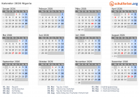 Kalender 2026 mit Ferien und Feiertagen Nigeria