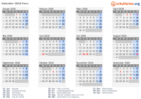 Kalender 2026 mit Ferien und Feiertagen Peru