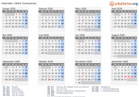 Kalender 2026 mit Ferien und Feiertagen Tschechien