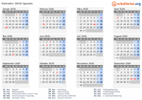 Kalender 2026 mit Ferien und Feiertagen Uganda