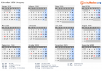 Kalender 2026 mit Ferien und Feiertagen Uruguay