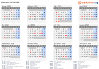 Kalender 2026 mit Ferien und Feiertagen USA