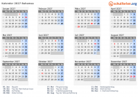 Kalender 2027 mit Ferien und Feiertagen Bahamas