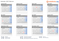 Kalender 2027 mit Ferien und Feiertagen Bahrain