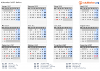 Kalender 2027 mit Ferien und Feiertagen Belize