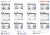 Kalender 2027 mit Ferien und Feiertagen Eritrea