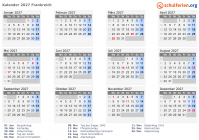 Kalender 2027 mit Ferien und Feiertagen Frankreich