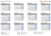 Kalender 2027 mit Ferien und Feiertagen Israel