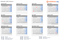 Kalender 2027 mit Ferien und Feiertagen Kosovo