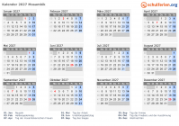 Kalender 2027 mit Ferien und Feiertagen Mosambik