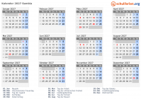 Kalender 2027 mit Ferien und Feiertagen Sambia